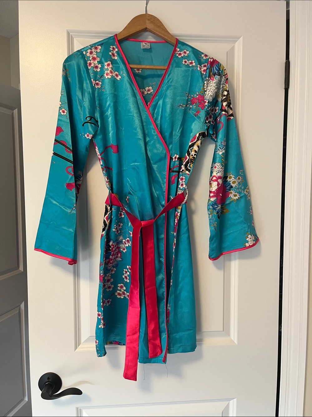 Turquoise Floral Silk Wrap Robe with Hot Pink Trim